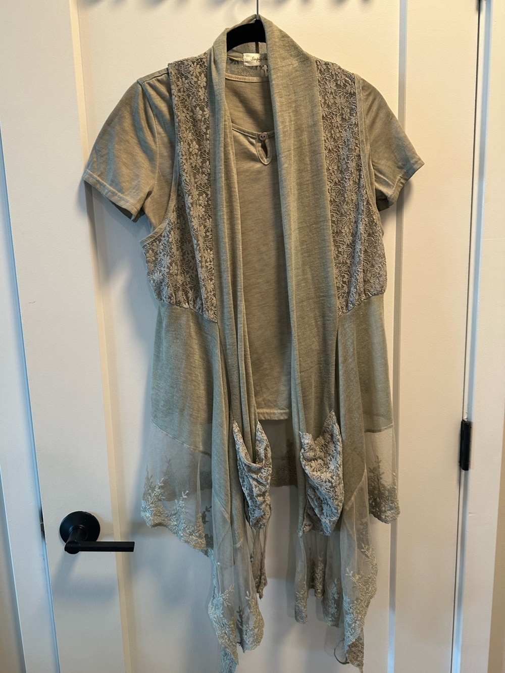 Simply Couture Sage Green Lace Duster Cardigan & Tee Set Boho Fairycore